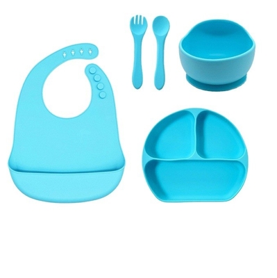 Conjunto de alimentação para bebés de silicone 5pcs melhor segurança impermeável fácil de limpar tigela com bib de colher