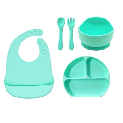 Conjunto de alimentação para bebés de silicone 5pcs melhor segurança impermeável fácil de limpar tigela com bib de colher