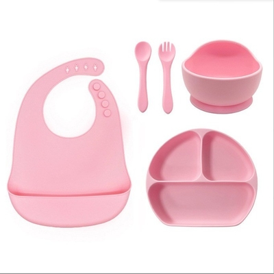 Conjunto de alimentação para bebés de silicone 5pcs melhor segurança impermeável fácil de limpar tigela com bib de colher