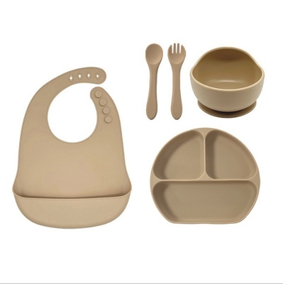 Conjunto de alimentação para bebés de silicone 5pcs melhor segurança impermeável fácil de limpar tigela com bib de colher